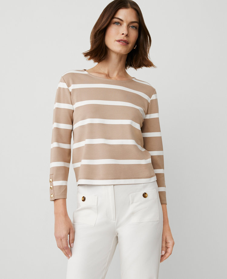 Ann Taylor Striped Ponte Button Cuff Top Cappucino Tan Women's