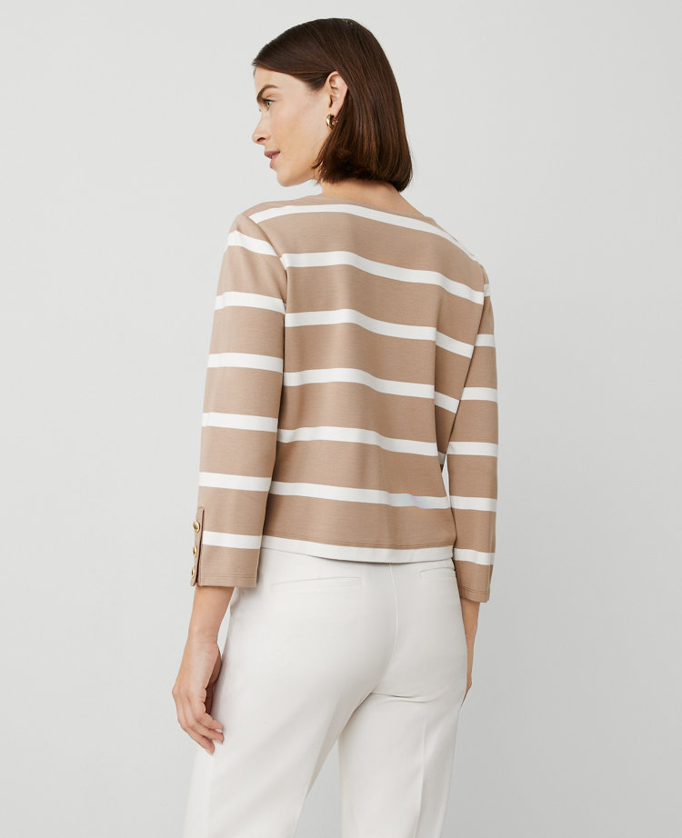 Ann Taylor Striped Ponte Button Cuff Top Cappucino Tan Women's