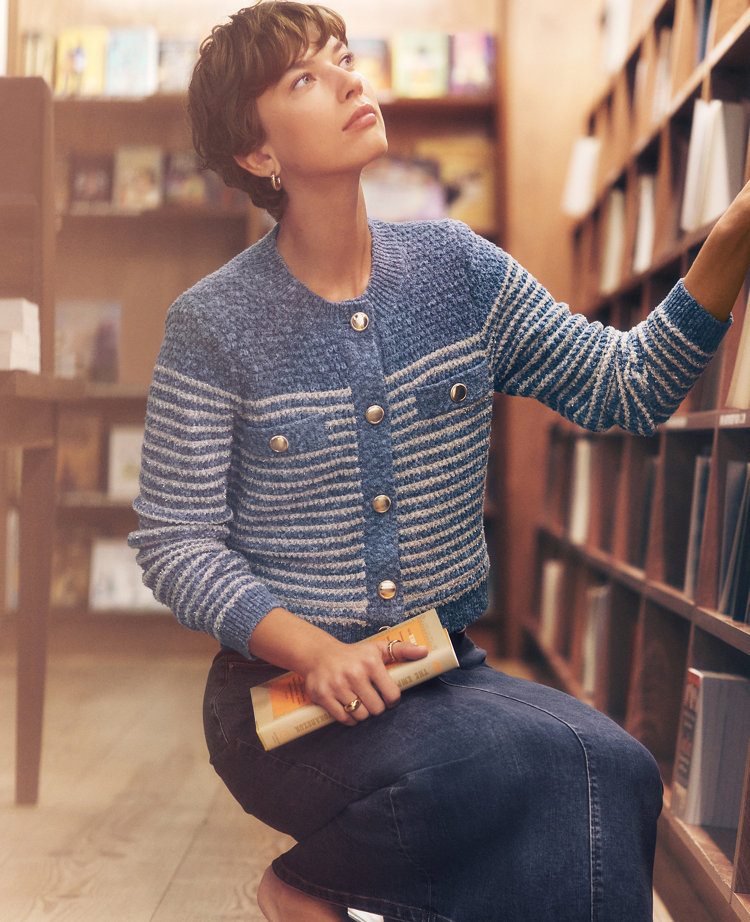 Petite Denim Striped Sweater Jacket