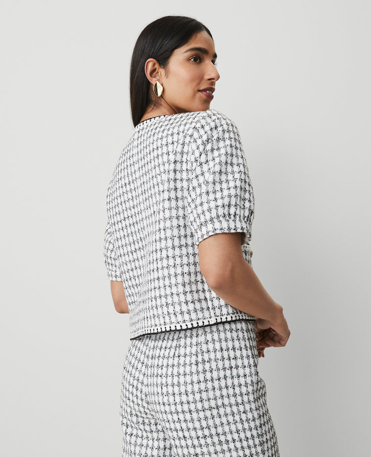 Petite Gingham Tweed Puff Sleeve Jacket