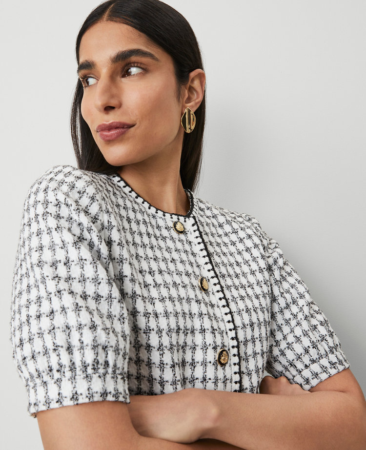 Petite Gingham Tweed Puff Sleeve Jacket