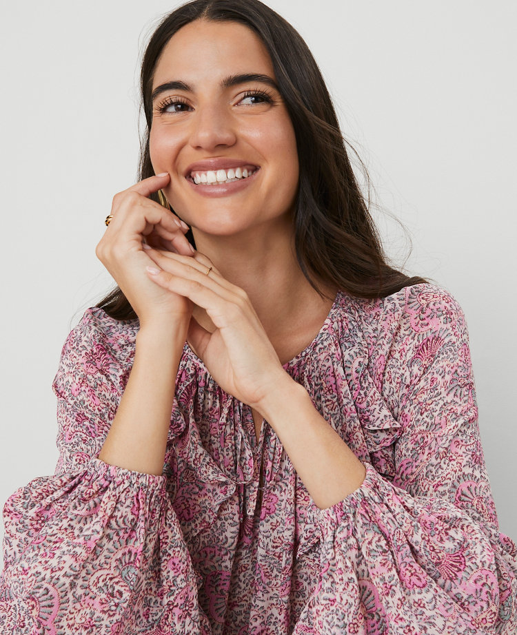 Petite Floral Tie-Neck Ruffle Popover