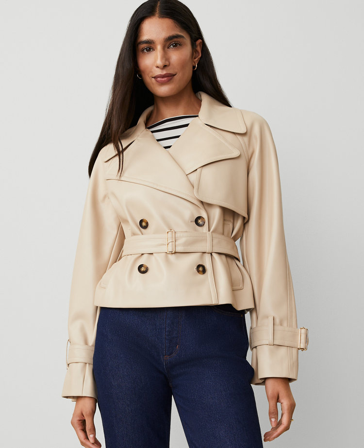 Petite Faux Leather Cropped Trench Jacket carousel Product Image 2