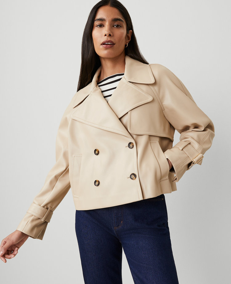 Petite Faux Leather Cropped Trench Jacket carousel Product Image 5