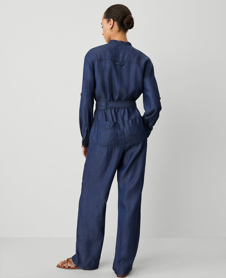Petite Weekend Collection Chambray Stand Collar Jumpsuit