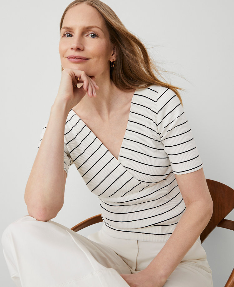 Petite Striped Crossover Neck Top