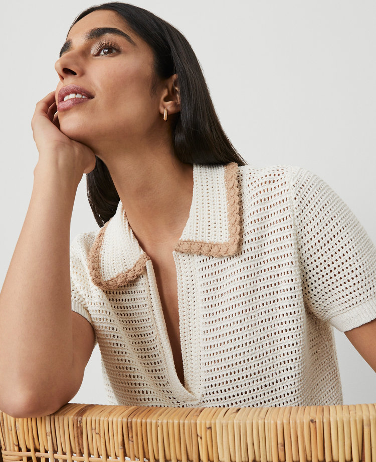 Petite Contrast Trim Crochet-Collar Tee