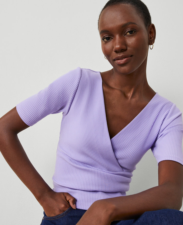 ANN TAYLOR PETITE CROSSOVER NECK TOP 