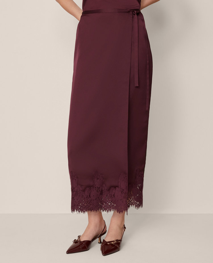 Satin Lace Hem Wrap Skirt