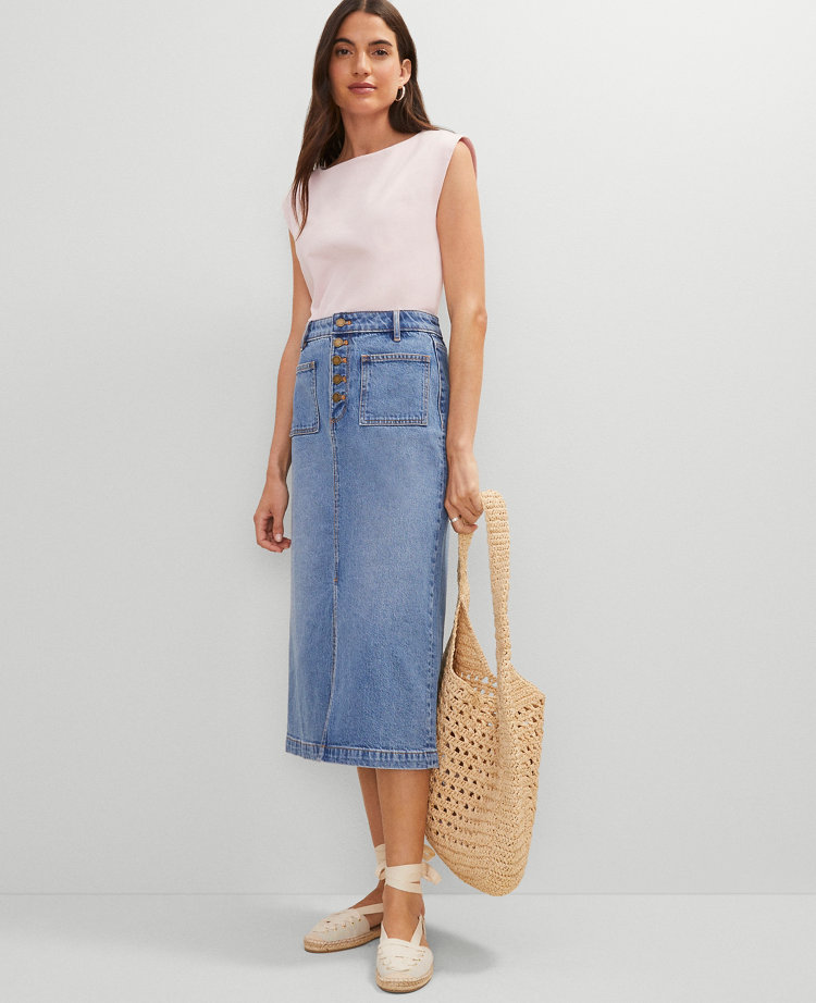 Petite Patch Pocket Denim Midi Skirt