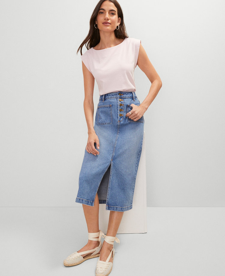 Petite Patch Pocket Denim Midi Skirt