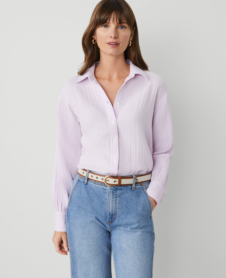 Shop Ann Taylor Petite Gauze Oversized Blouse In Pale Lilac