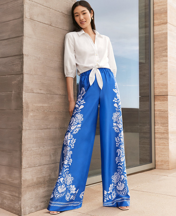 Ann Taylor The Petite Easy Palazzo Pant Paisley Satin Power Blue Women's