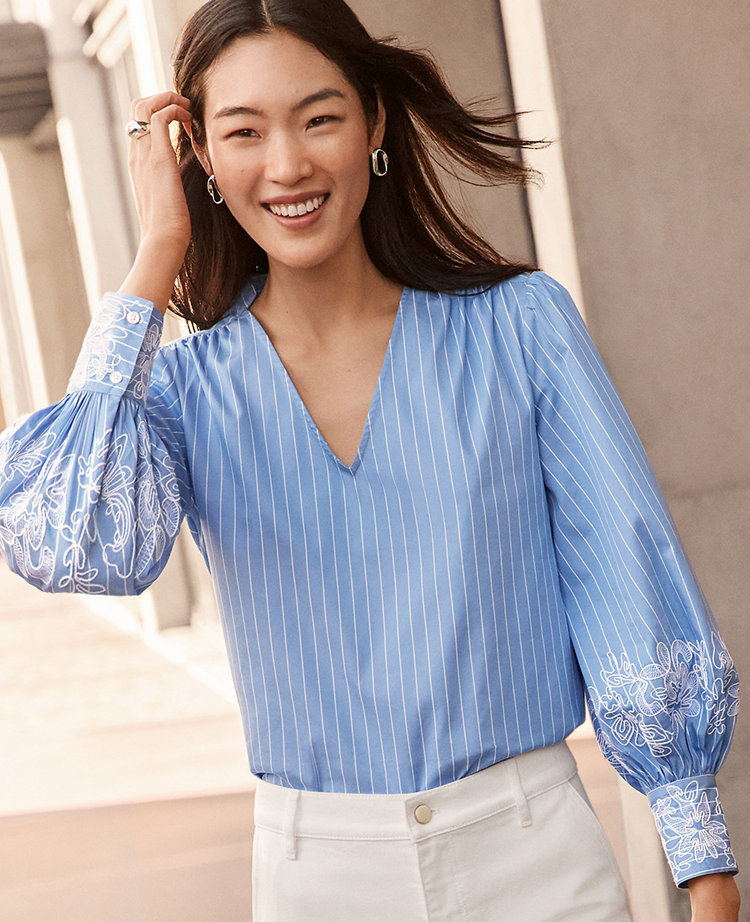 Petite Striped Embroidered V-Neck Popover