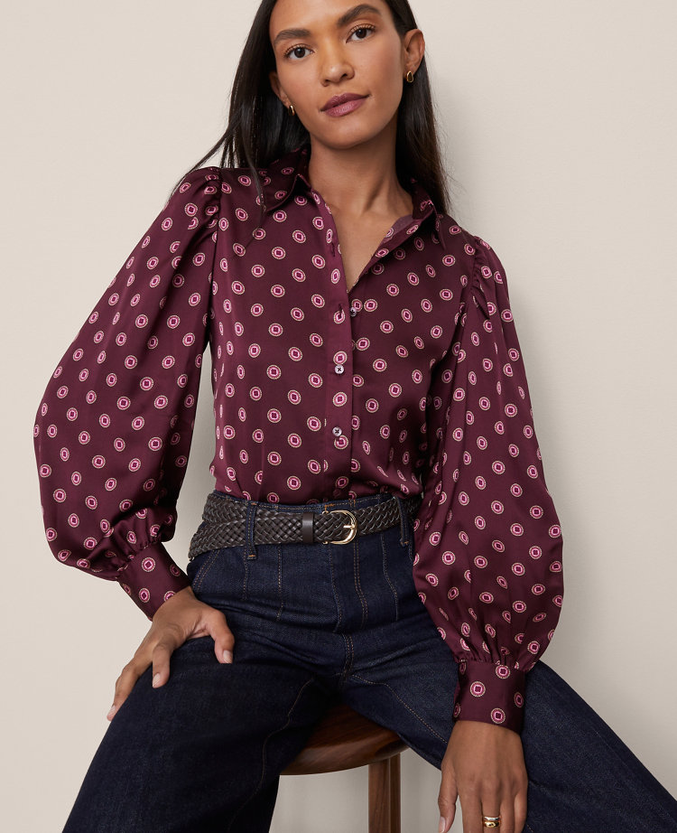 Ann Taylor Geo Blouson Sleeve Shirt In Purple
