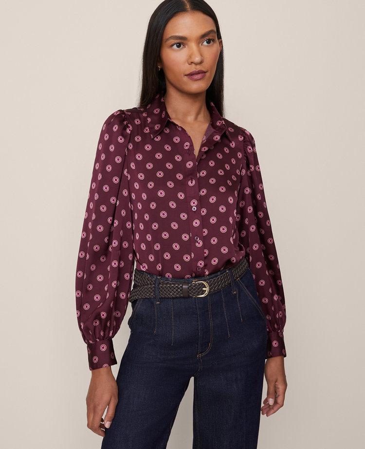 Ann Taylor Geo Blouson Sleeve Shirt Poised Plum Women's