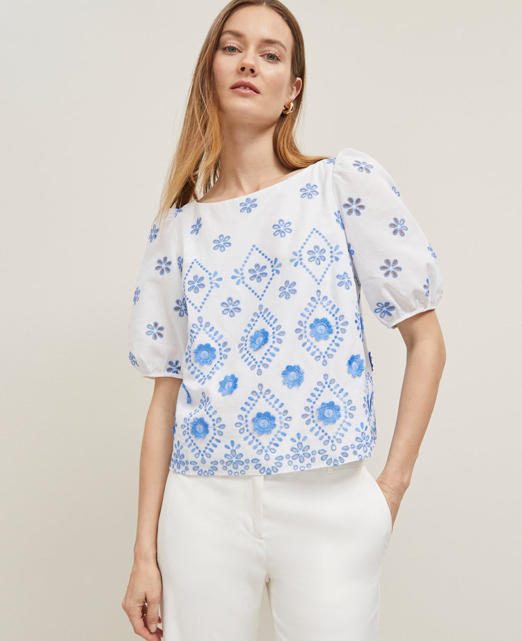 Petite Geo Embroidered Boatneck Popover