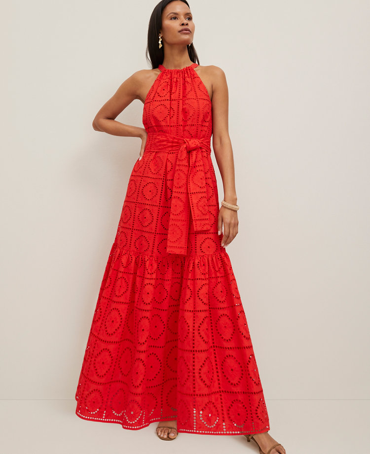 Ann Taylor Eyelet Halter Flare Maxi Dress