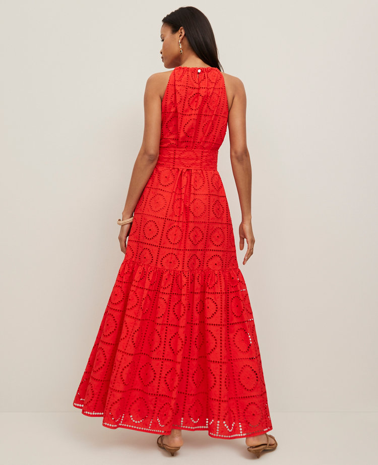 Eyelet Halter Flare Maxi Dress