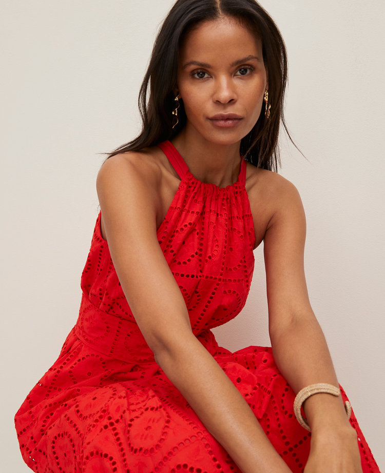 Eyelet Halter Flare Maxi Dress
