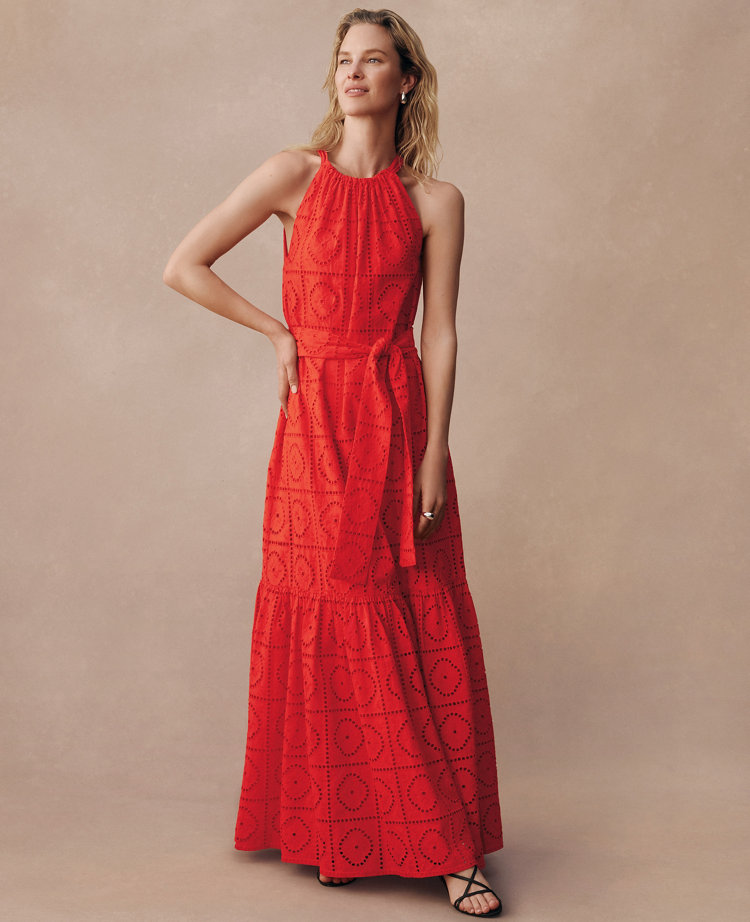 Eyelet Halter Flare Maxi Dress