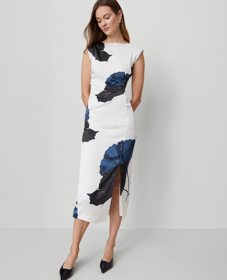 Asymmetric Floral Satin Sheath Dress