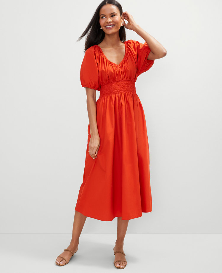 Smocked Puff Sleeve Midi Dress