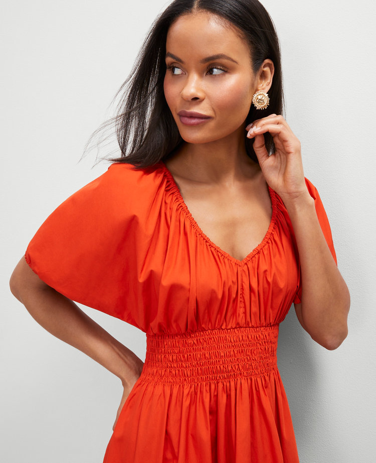 Smocked Puff Sleeve Midi Dress
