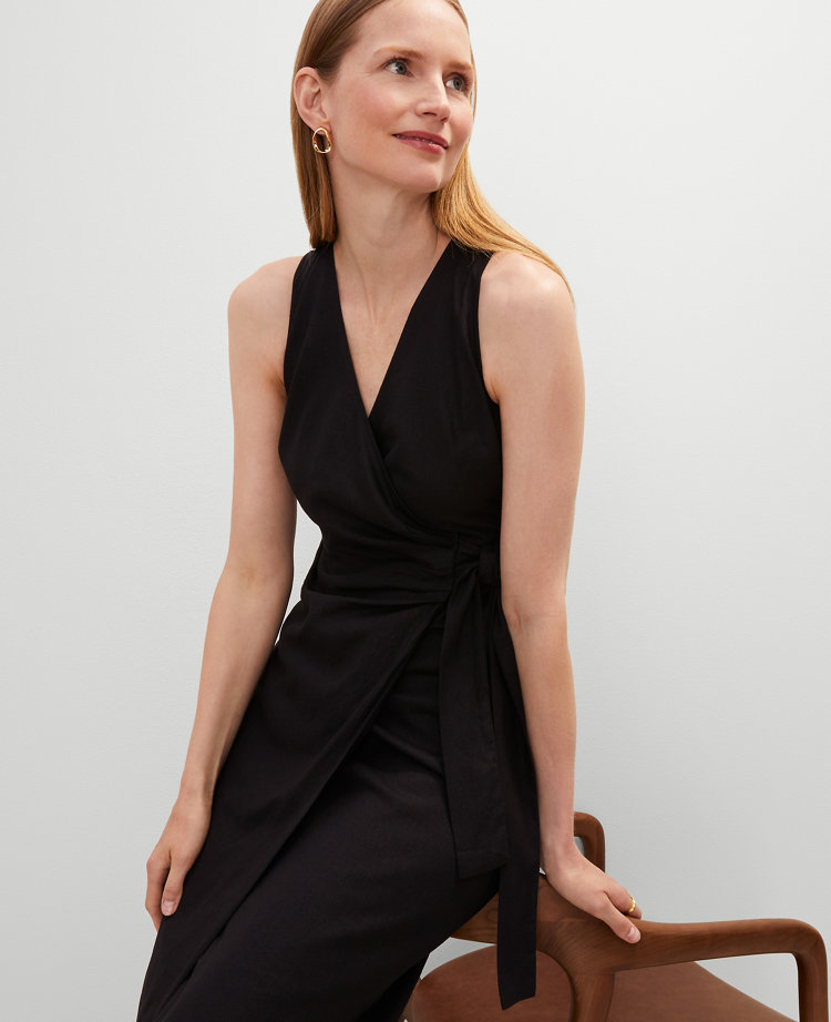 Linen Blend V-Neck Wrap Dress