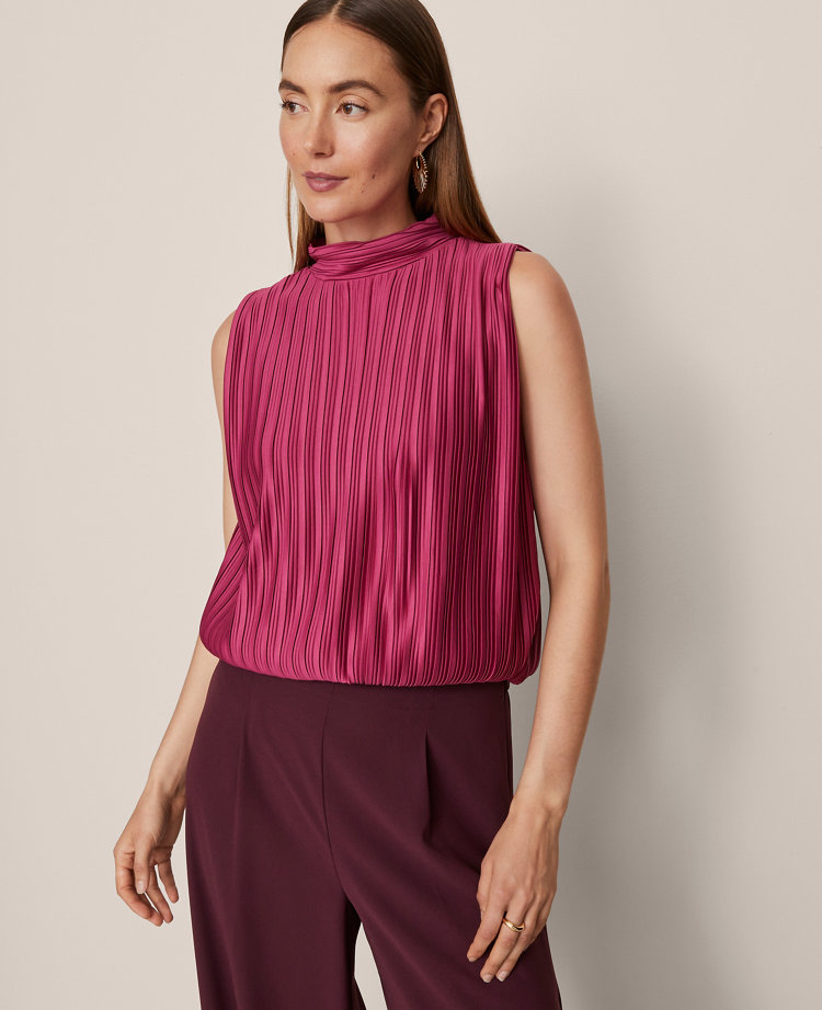 Mock Neck Pleated Bubble Hem Top