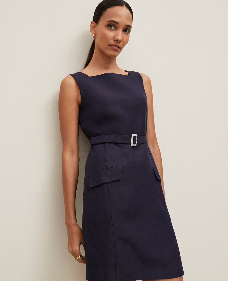 Petite Belted Square Neck Pocket Dress
