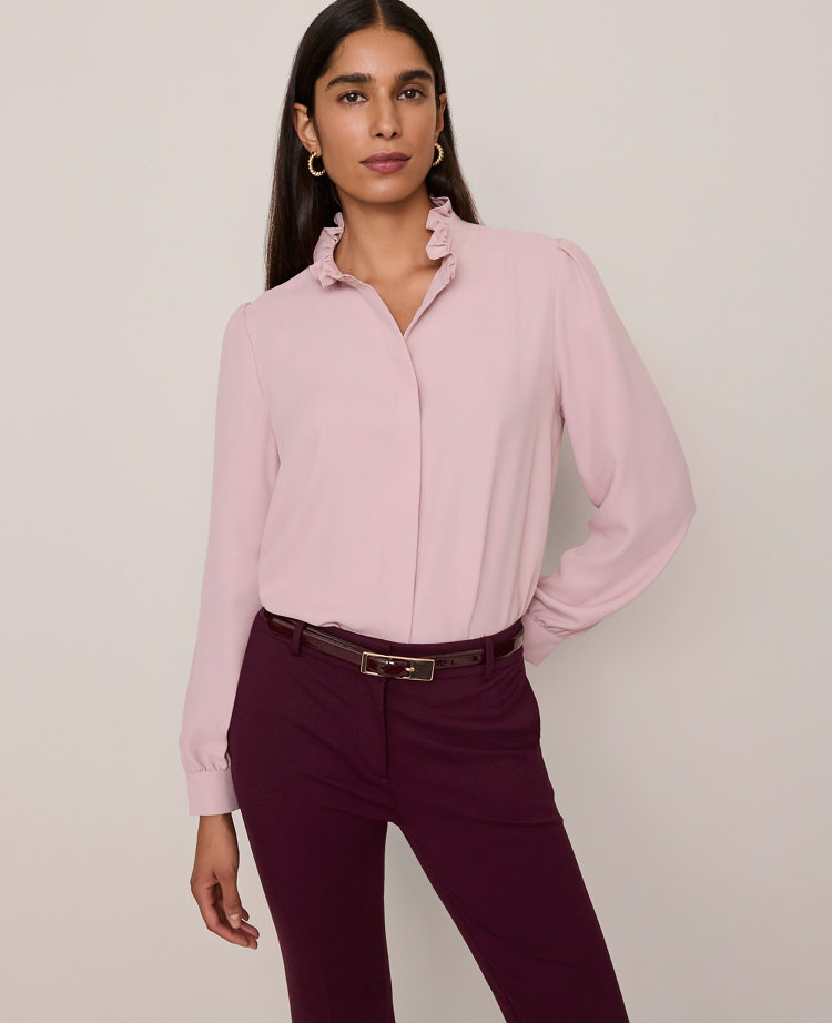 Ann Taylor Ruffle Neck Satin Blouse In Purple