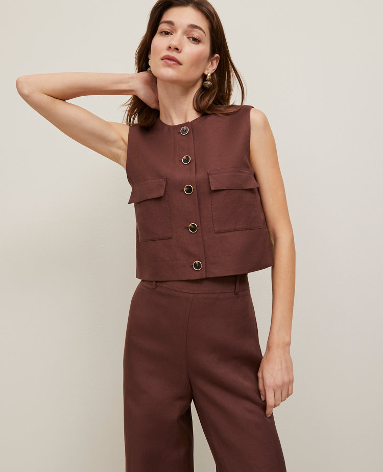 Petite Linen-Blend Patch Pocket Vest