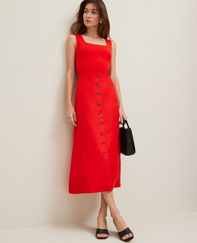 Petite Linen-Blend Button Maxi Skirt