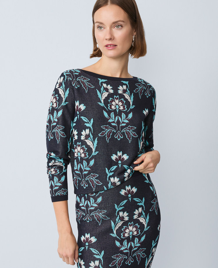 Ann Taylor Floral Jacquard Boatneck Sweater In Blue