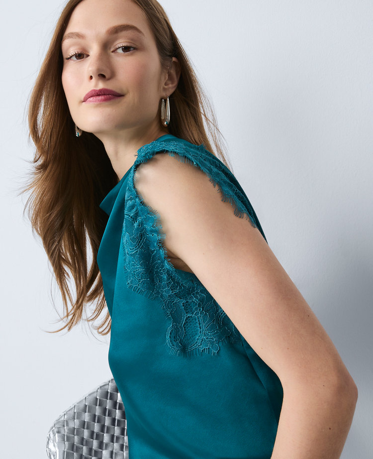 Ann Taylor Lace Trimmed Satin Top In Blue