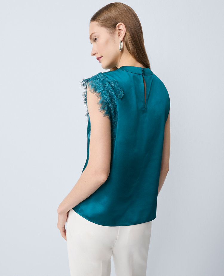 Ann Taylor Lace Trimmed Satin Top In Blue