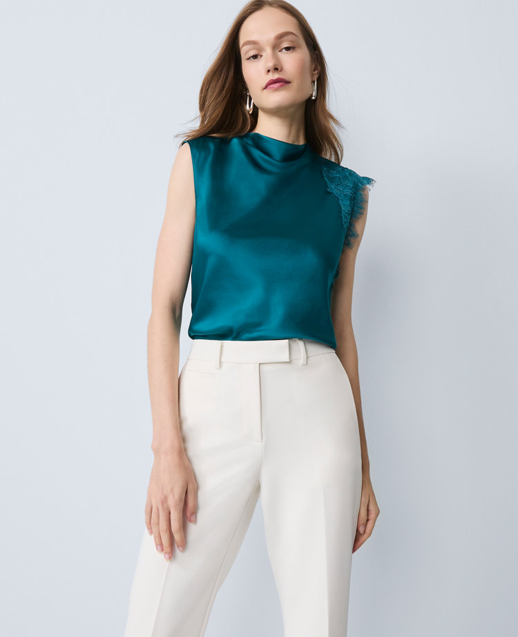 Ann Taylor Lace Trimmed Satin Top In Blue