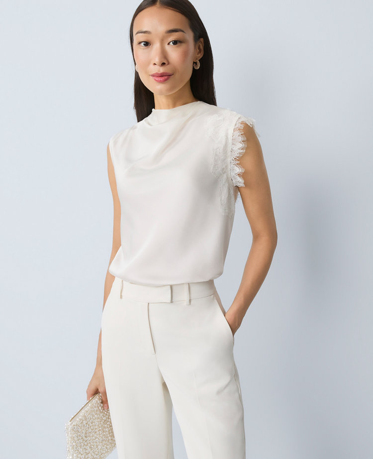Ann Taylor Lace Trimmed Satin Top In White