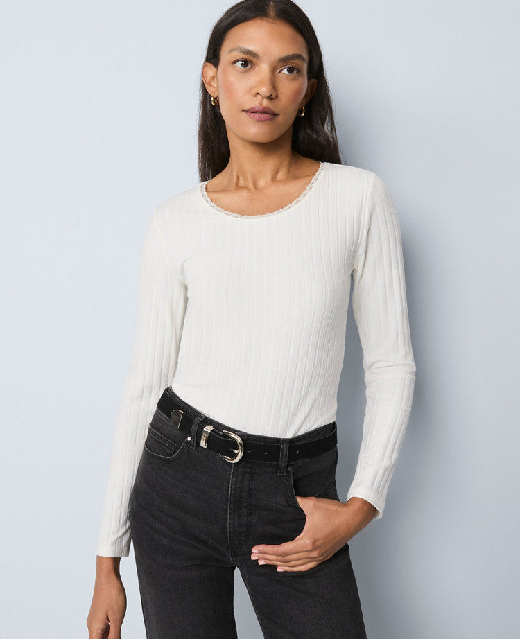 Weekend Collection Lace Trim Pointelle Top