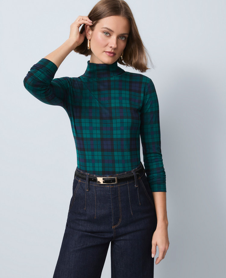 Ann Taylor Plaid Turtleneck Top In Green