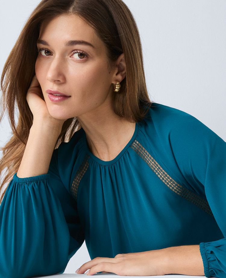 Ann Taylor Lace Trim Mixed Media Blouse In Blue