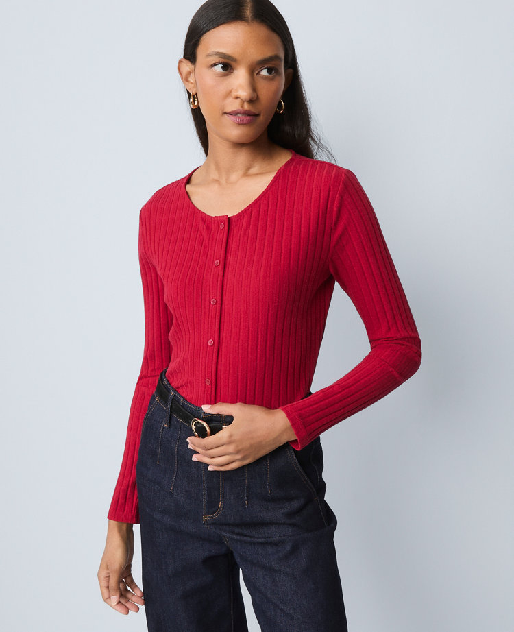 Ann Taylor Weekend Collection Crew Neck Cardigan In Red