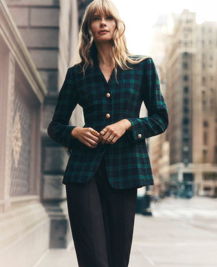 The Long Collarless Blazer in Plaid