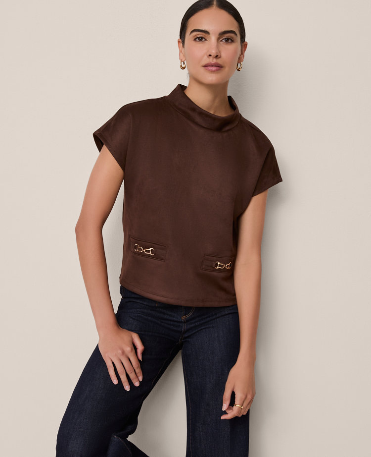 Petite Faux Suede Horsebit Top