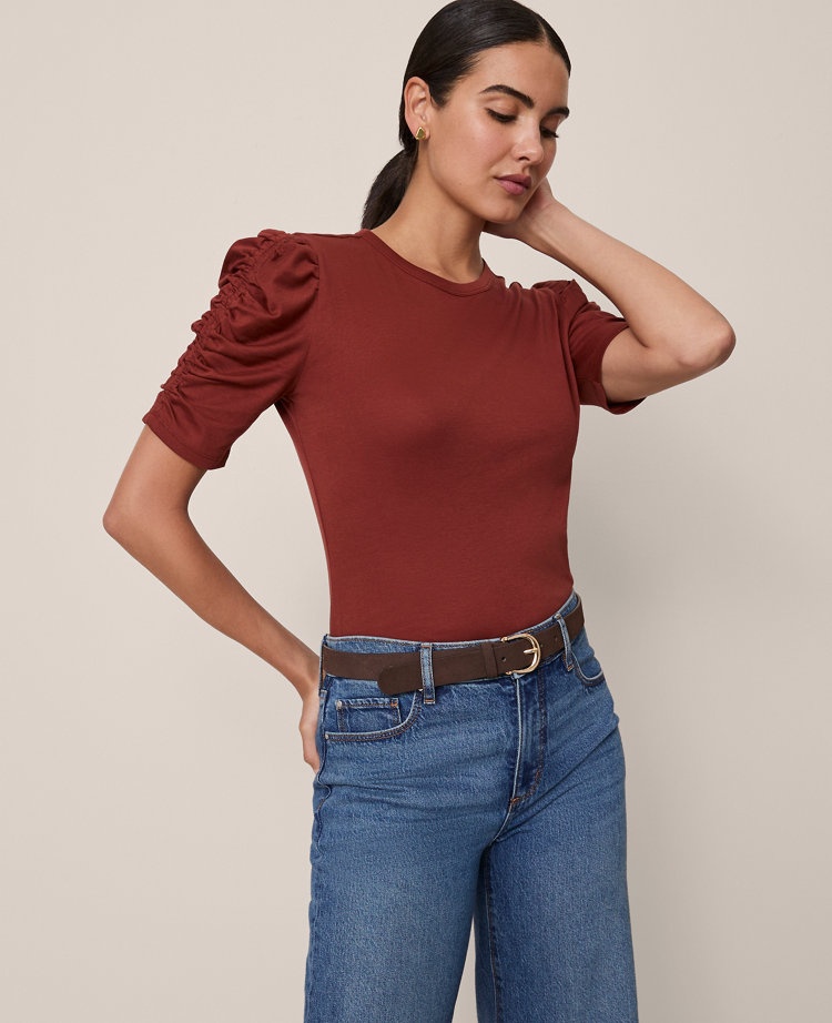 Ann Taylor Weekend Collection Shirred Sleeve Top In Brown