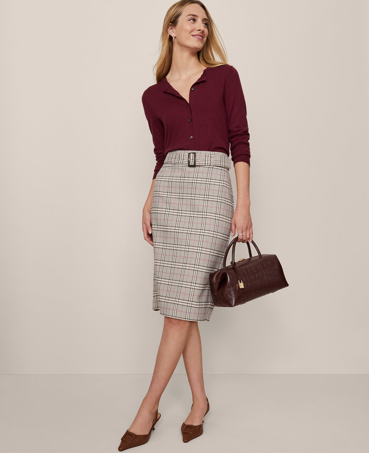 Ann Taylor Plaid Belted Midi Pencil Skirt In Gray