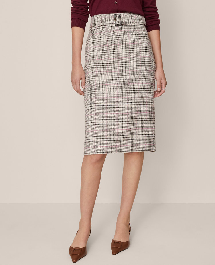 Ann Taylor Plaid Belted Midi Pencil Skirt In Gray