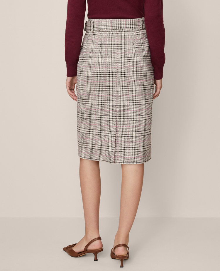 Ann Taylor Plaid Belted Midi Pencil Skirt In Gray
