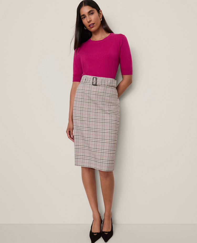 Ann Taylor Plaid Belted Midi Pencil Skirt In Gray